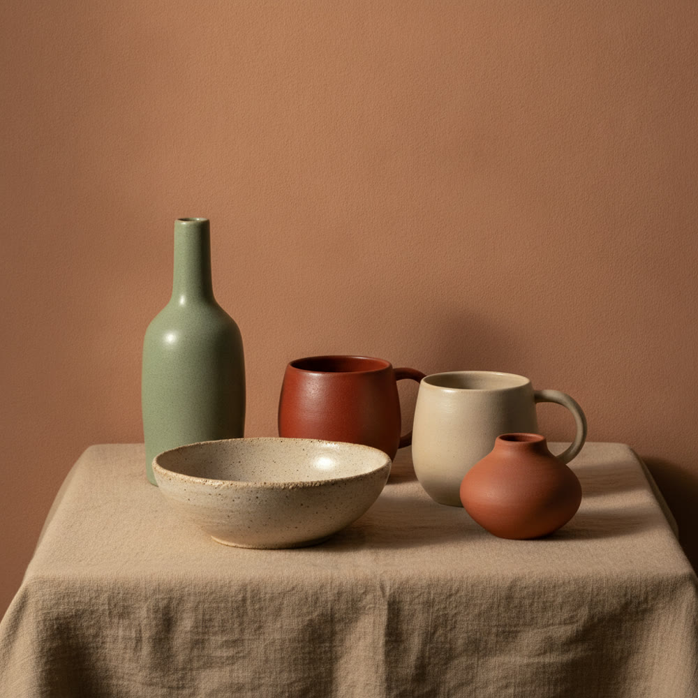 A still-life arrangement of Kiln & Ember stoneware — vases, mugs, and bowls on oatmeal linen